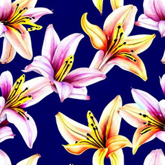seamless navy blue background with lilies, generative ai