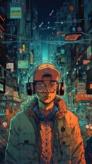 illustration of young handsome hipster man stands in glow city. stylish rappers in glow city. Non-existent person. Generative Ai.