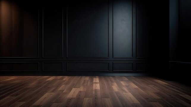 Classic black empty interior with wall panels, moldings and wooden floor. Generative Ai.