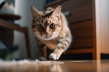 Close Up Cute Cat Running in the House blur Background