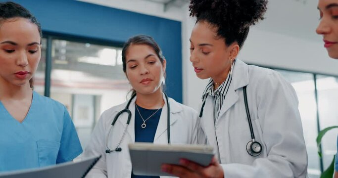 Women, doctors or nurses in meeting, teamwork or diversity collaboration on tablet, paper or documents for medical planning. Talking, surgeon or healthcare workers on technology for hospital schedule