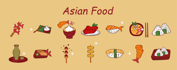 14 set bundle Hand Drawn Asian Food style Hand Drawn, vector Illustration
