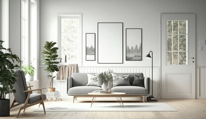 Obraz na płótnie Canvas Mockup poster frame on the wall of living room. Luxurious apartment background with contemporary design. Modern interior design. 3D render, 3D illustration, Generate Ai
