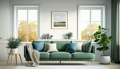 Naklejka premium Mockup poster frame on the wall of living room. Luxurious apartment background with contemporary design. Modern interior design. 3D render, 3D illustration, Generate Ai