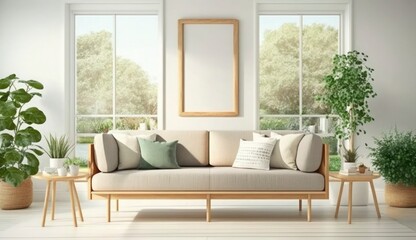 Mockup poster frame on the wall of living room. Luxurious apartment background with contemporary design. Modern interior design. 3D render, 3D illustration, Generate Ai