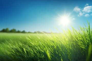 Fototapeta na wymiar Beautiful panoramic natural landscape of a green field with grass against a blue sky with sun Spring summer blurred background with Generative AI technology
