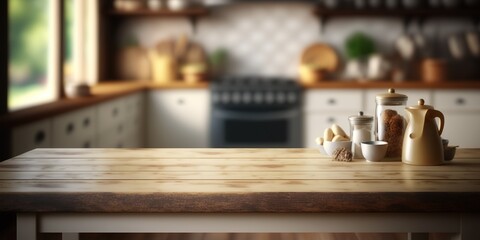 Fototapeta na wymiar Wooden table top with blur farmhouse kitchen background - Generative Ai