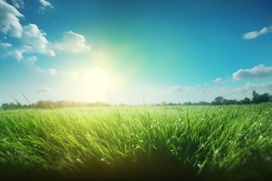Beautiful panoramic natural landscape of a green field with grass against a blue sky with sun Spring summer blurred background with Generative AI technology