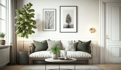 Mockup poster frame on the wall of living room. Luxurious apartment background with contemporary design. Modern interior design. 3D render, 3D illustration, Generate Ai