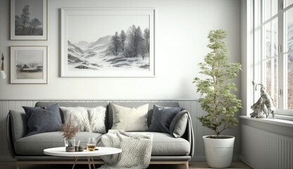Fototapeta premium Mockup poster frame on the wall of living room. Luxurious apartment background with contemporary design. Modern interior design. 3D render, 3D illustration, Generate Ai