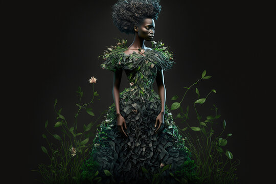 Gorgeous dress made of grass and flowers. AI generated image