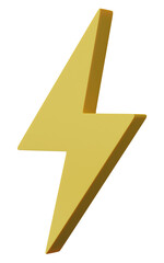 3d render. Flash, bolt lighting yellow icon isolated on transparent background. Thunder symbol of danger and power.