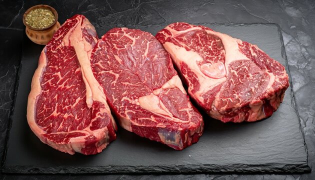 Raw tenderloin steak on a black slate background Top view. Generative AI