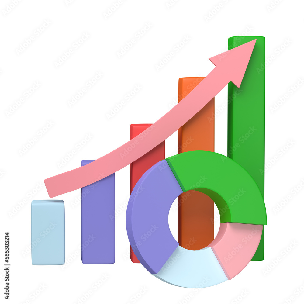 Poster 3d render. business infographic with stock diagrams and statistic bars chart isolated on transparent
