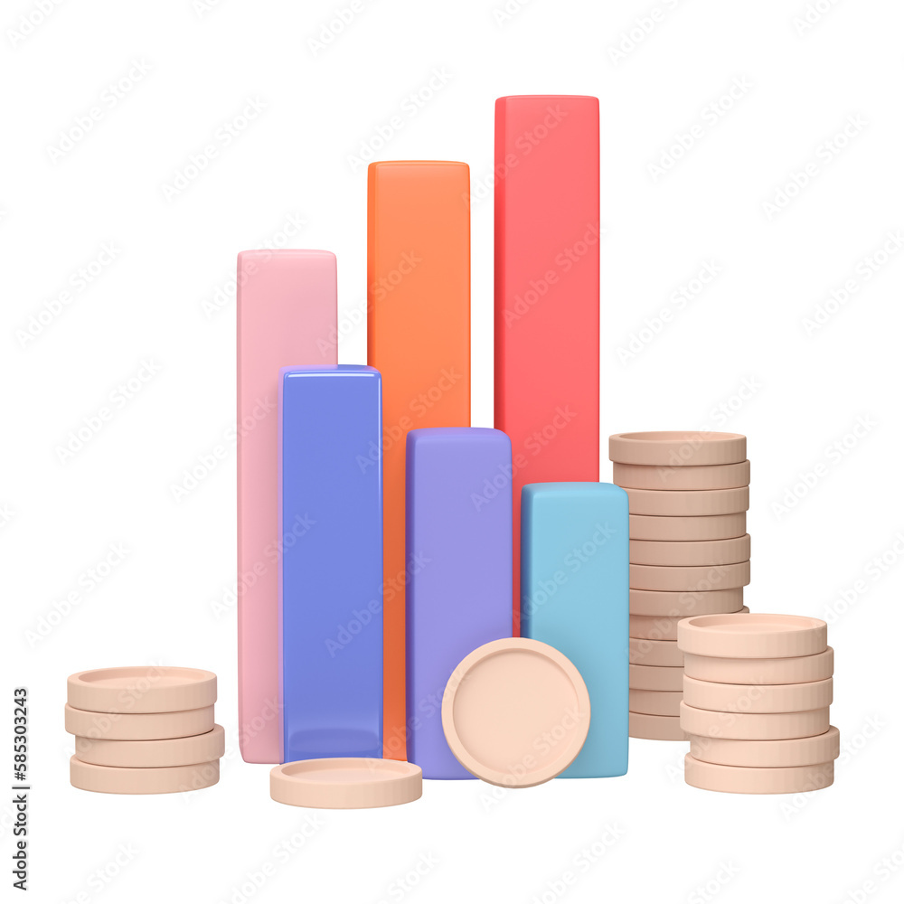 Poster 3d render. business infographic with stock diagrams and statistic bars chart isolated on transparent