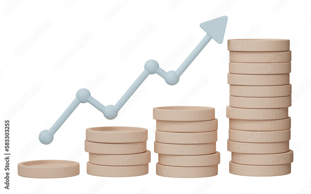 Poster 3d render. business infographic with coinstack and statistic bars chart isolated on transparent back