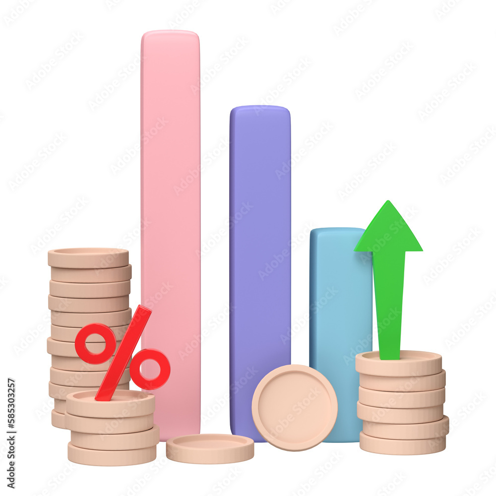 Poster 3d render. business infographic with stock diagrams and statistic bars chart isolated on transparent