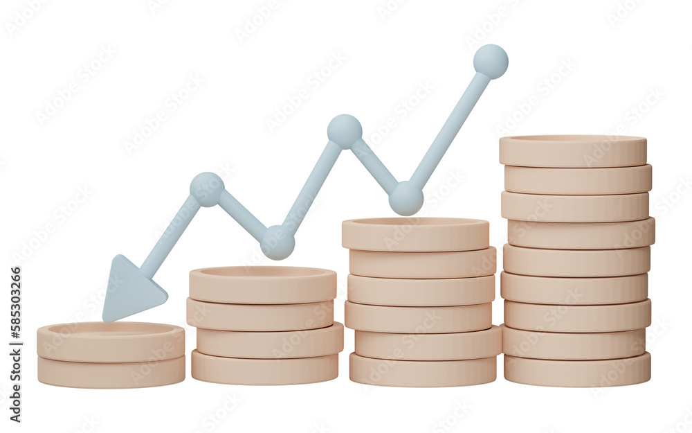 Poster 3d render. business infographic with coinstack and statistic bars chart isolated on transparent back