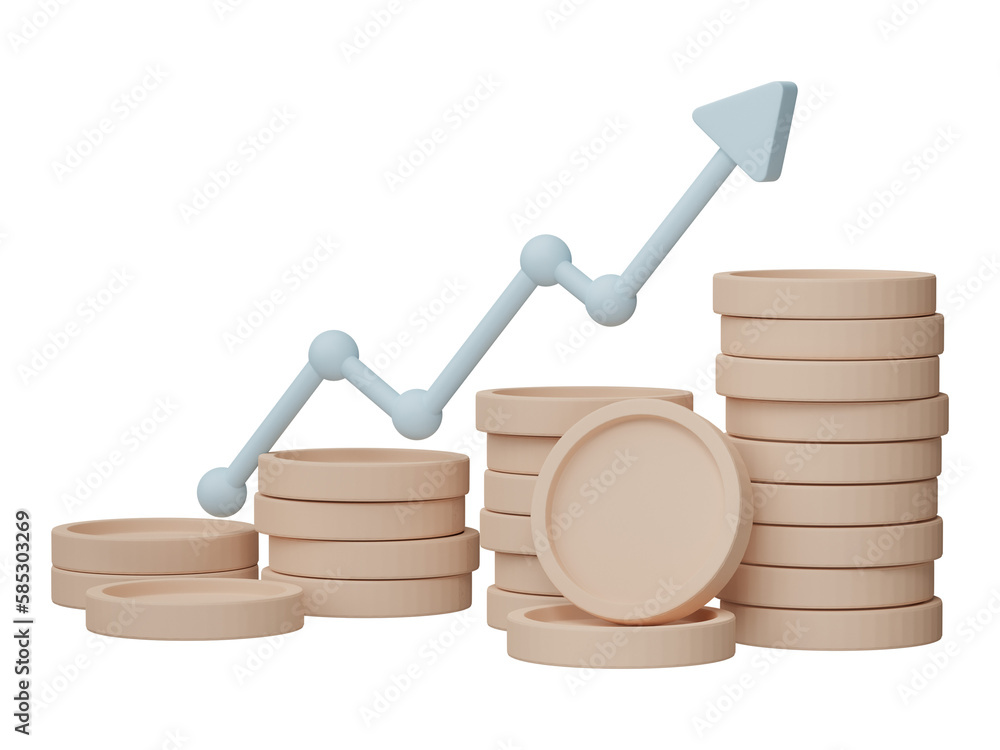 Aufkleber 3d render. business infographic with coinstack and statistic bars chart isolated on transparent back