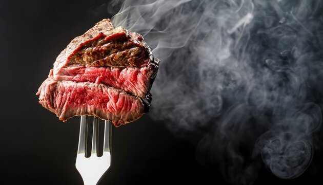 Grilled beef steak striploin on fork with smoke on dark background, close up. Generative AI
