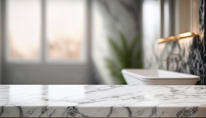 Fototapeta na wymiar marble countertop for montage product cosmetic blurred modern contemporary bright bathroom interior in the background. Generative AI