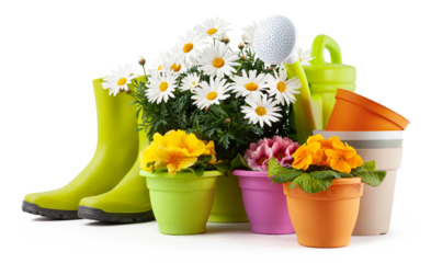 Spring time blooms, pots colorful primroses and a large vase of daisies, surrounded by green rubber boots and a watering can. Pots of flowers and gardening tools isolated on white background