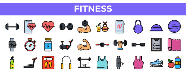 30 set bundel icon fitness icon style outline, vektor Ilustration
