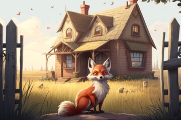 A fox sitting in front of a farmhouse, cartoon-style fox painting