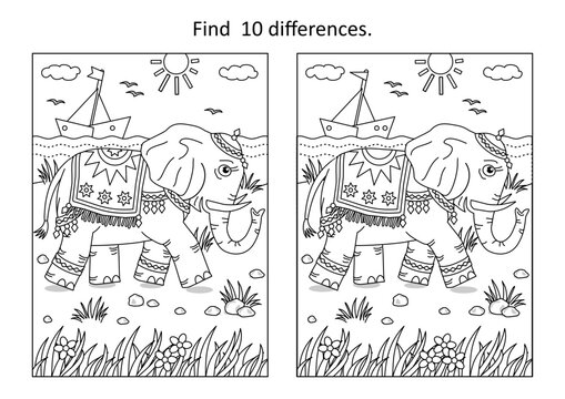 Difference game with elephant walking along the seashore
