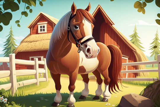 A horse standing in front of a farmhouse, cartoon-style horse painting