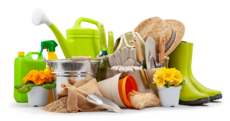 Spring time blooms, pots colorful primroses and vase of daisies, green rubber boots and watering can. Gardening tools, trowel, bucket, seed and spray bottles of pesticides isolated on white background