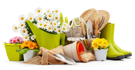 Spring time blooms, pots colorful primroses and vase of daisies, green rubber boots and watering...