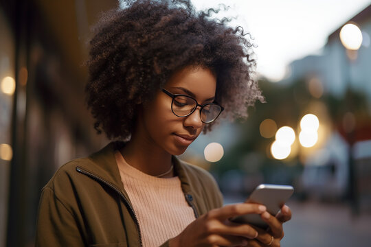 Happy afro American young girl reading a message from smartphone, fictitious person. AI generated image