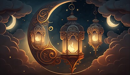 islamic illustration of a crescent moon and realistic clouds with traditional lanterns and candles lighting up the night. Generative ai