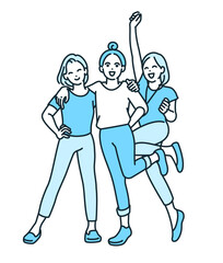 わいわいとはしゃぐ仲良し3人組。楽しそうな女性のイラスト素材。