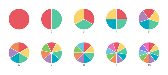 Segment color slice set. Pie chart icons. Wheel round diagram part. Circle section graph. 1,20,19,18,16,9 segment infographic. Three phase, six circular cycle. Geometric element. Vector illustration