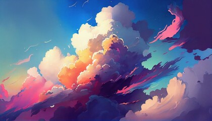 Sky and clouds watercolor background. Cloudy sky in pink vanyla pastel color, big cumulus. Generative ai illustration in watercolor style