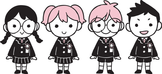 制服を着た男の子と女の子のイラストセット（単色）