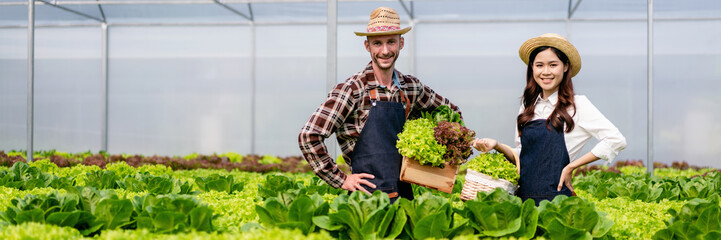 Two couple agribusiness owner farmer working and holding organic