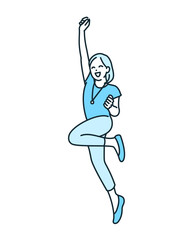 元気いっぱい。大きくジャンプする健康的な女性のイラスト素材。
