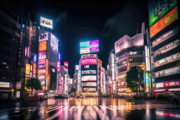 Neon night city Shibuya crossing in Tokyo, generative AI
