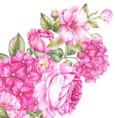 Behang Pink watercolor roses bouquet. Bunch of flowers on a white background © Kotkoa