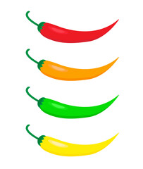 Hot chili pepper set. Red, green, orange, yellow chili pepper isolated vector