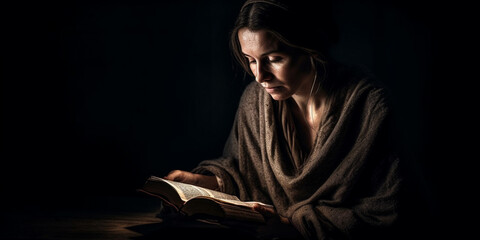 woman reading the book in the darkness