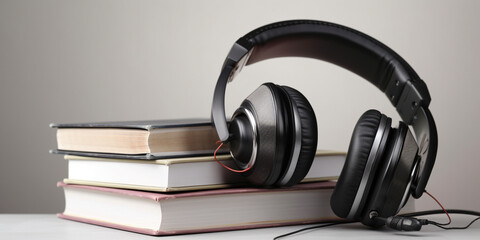 Obraz na płótnie Canvas headphones with stack of books on white background Generative AI