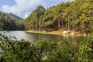 Pang Ung is a tourist attraction in Mae Hong Son, Northern Thailand with scenic alpine lake and pine trees. Tourist can rent a tent to camp and enjoy the environment.