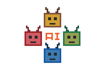 Cute pixel cartoon 8 bit character robot or AI pixel cross stitch style can chat learn AI technology robot for education calculate chat bot vector.