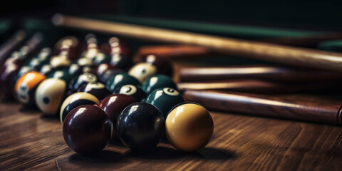 Closeup of billiard balls and sticks on the tablehamburger on isolated white background Generative AI - obrazy, fototapety, plakaty