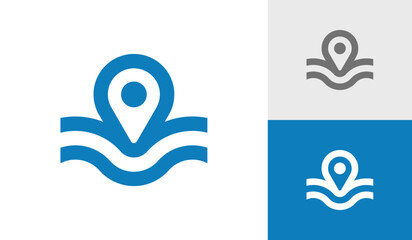 Location pin logo design with water wave for swimming pool
