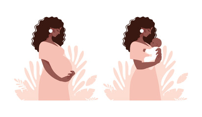 Naklejka na ściany i meble Beautiful pregnant black woman, hispanic mommy hugging newborn baby, motherhood and family concept. Motherhood flat vector illustration set isolated on white background.